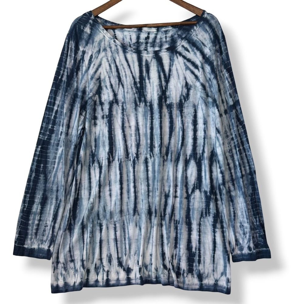 Pure J. Jill Long Sleeve XL Indigo Shibori Blue Tie Dye 100% Cotton Tunic Blouse